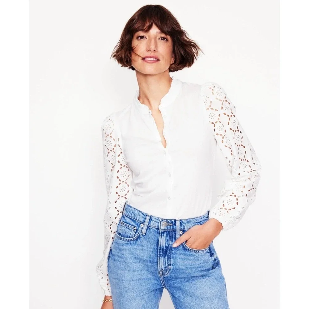 Boden Eden Broderie Lace Sleeve Button Up Blouse White 6
